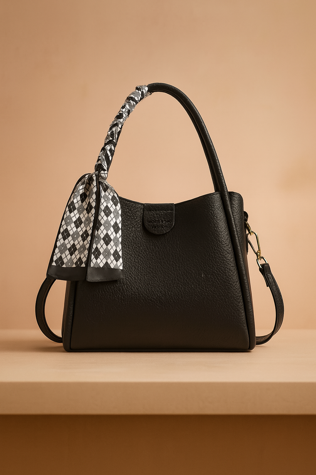 Chic Handbag with Curved Design and Scarf Accent by Varella 2