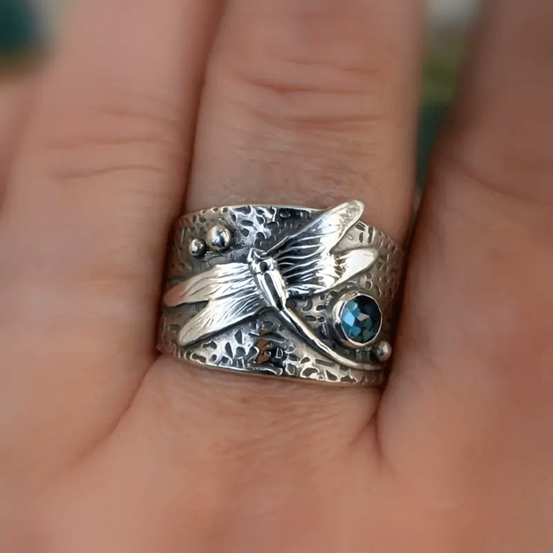 Handcrafted Dragonfly Ring in Silver with Blue Crystal Accents 0